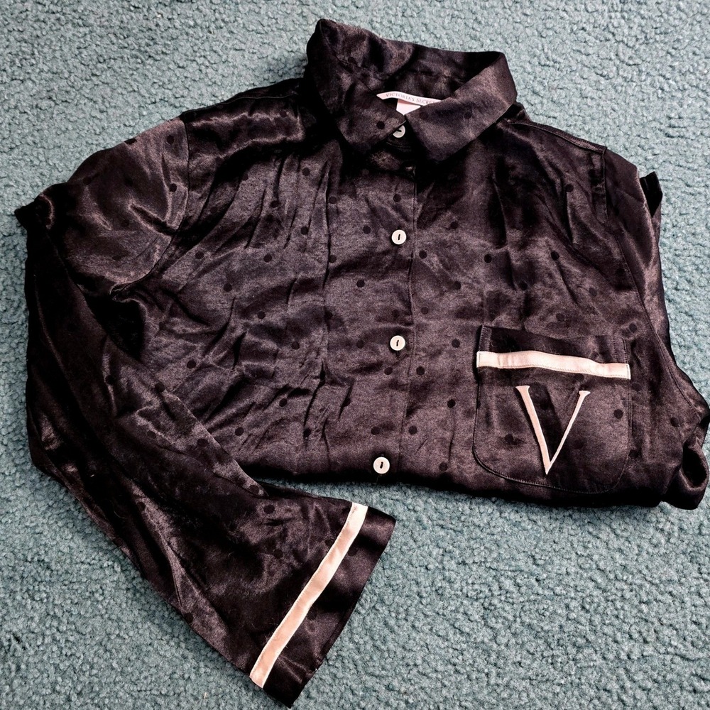 Victorias Secret Black Dot Pajama Set Shirt Pants Satin Lounge Sleepwear Medium